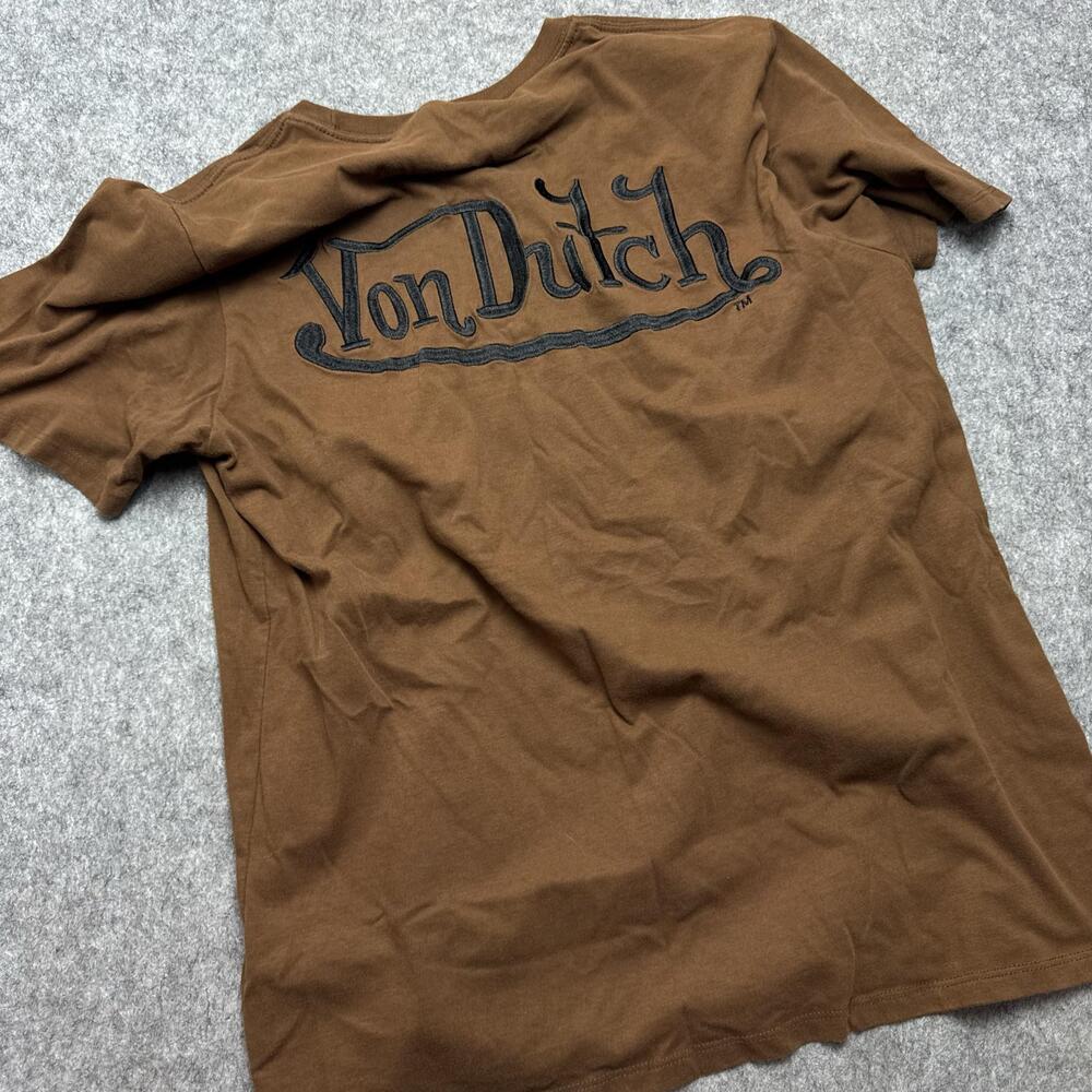 Von Dutch Shirt Mens Large Brown Embroidered Back Y2K Graphic Tee Streetwear